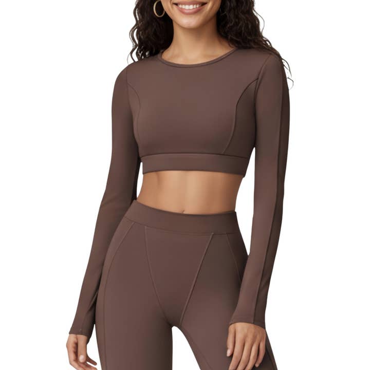 Active by Anna-Kaci - Wholesale Athletic Top - Women's - Ribbed Cropped Long-Sleeve Top with Square Neckline and Contour Seaming12