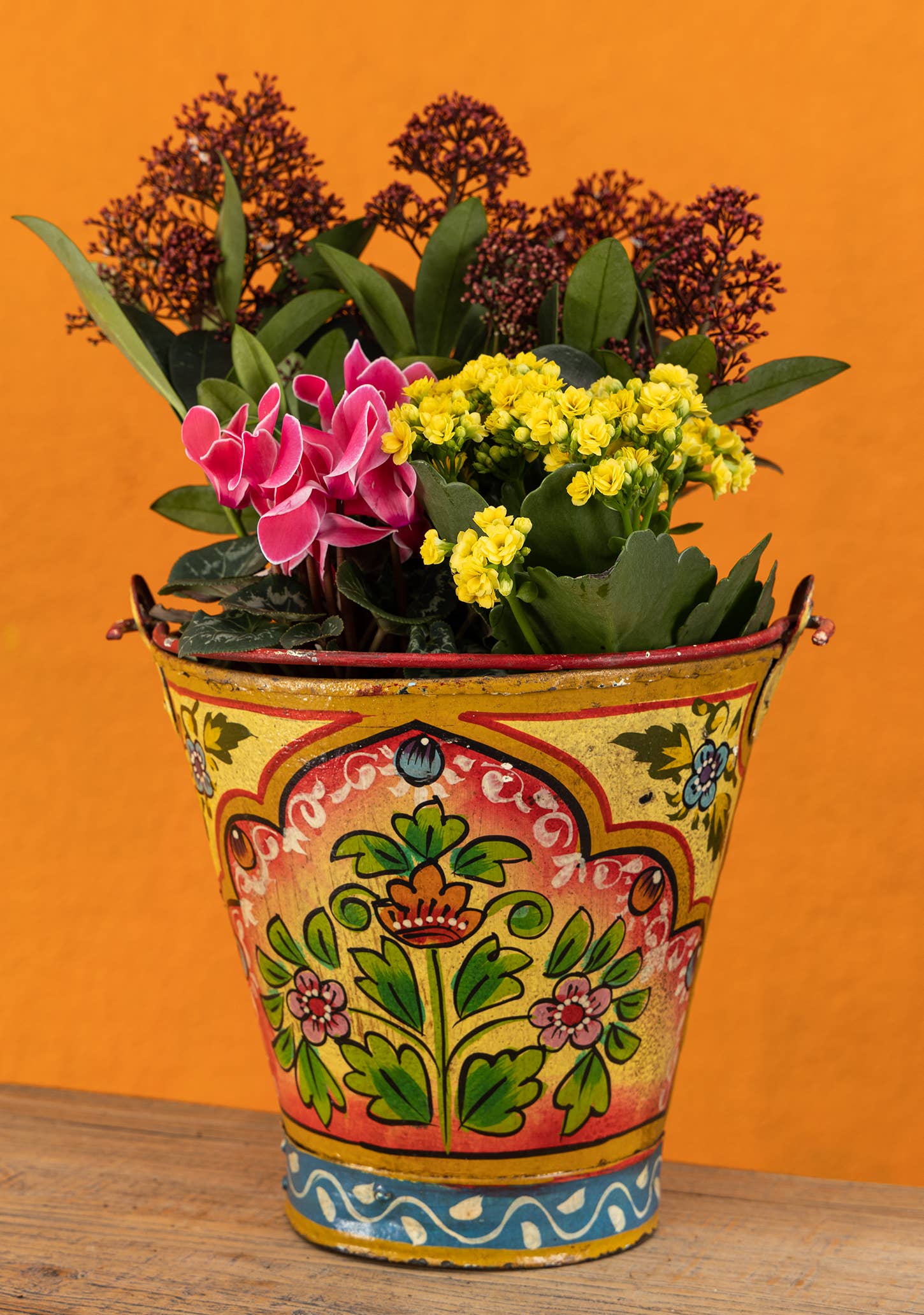 Namaste - Wholesale Bucket/pail - Vintage Iron Handpainted Bucket, Yellow