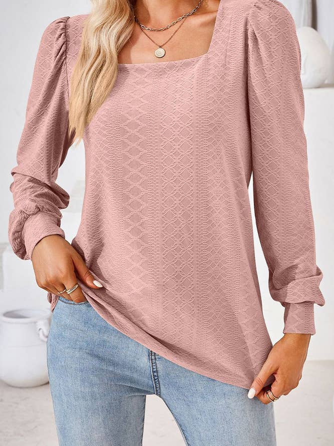 Comely Fashion - Wholesale Blouse - Women's - CF-HLL106 Square Neck Solid Jacquard Tshirt Long Sleeves Top12