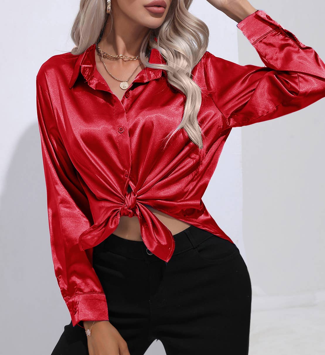 HIDDENBRAND - Wholesale Button Down Shirt - Women's - Satin Faux Silk Long-Sleeved Shirt8