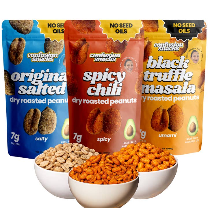 Dry Roasted Peanuts Variety Pack – Bold Snack Sampler 7.0oz for wholesale by Confusion Snacks