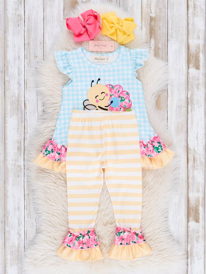 Marie Nicole Clothing - Wholesale Top & Leggings Set - Kids - Embroidered Sweet Bee Ruffle Outfit