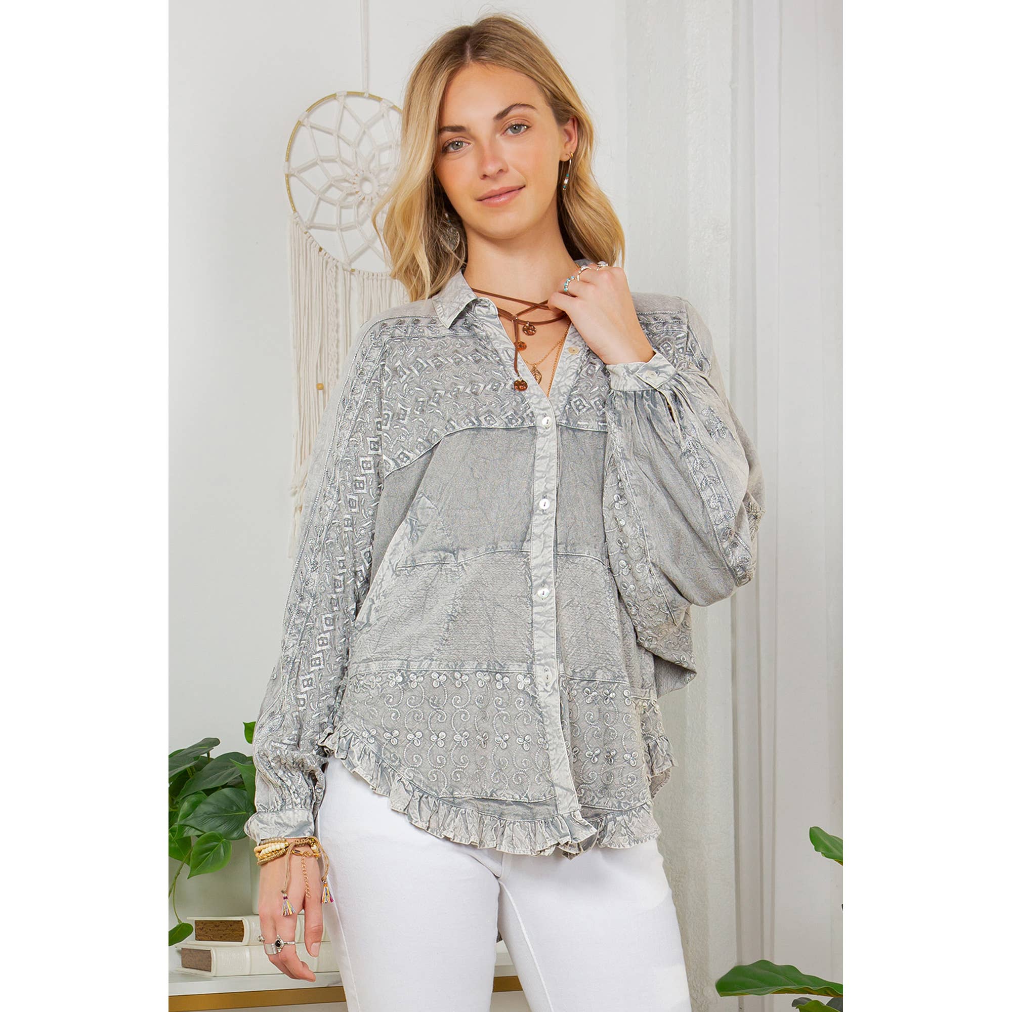 Grey Bohemian Stonewashed Rayon Bat Sleeves Top With Shirt Collar for wholesale on Faire1