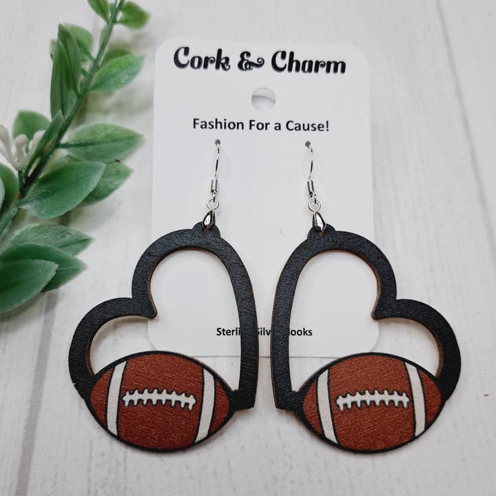 Football Wooden Heart Sterling Silver Earrings for wholesale by Cork and Charm