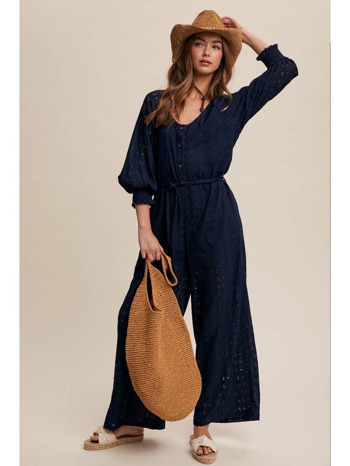 Listicle - Wholesale Jumpsuit - Women's - Eyelet Lace Wide Leg Jumpsuit