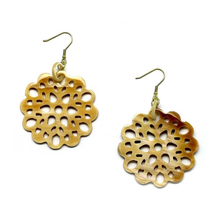 Genuine Horn Carved Disk Earring on Wire for wholesale by VIVO