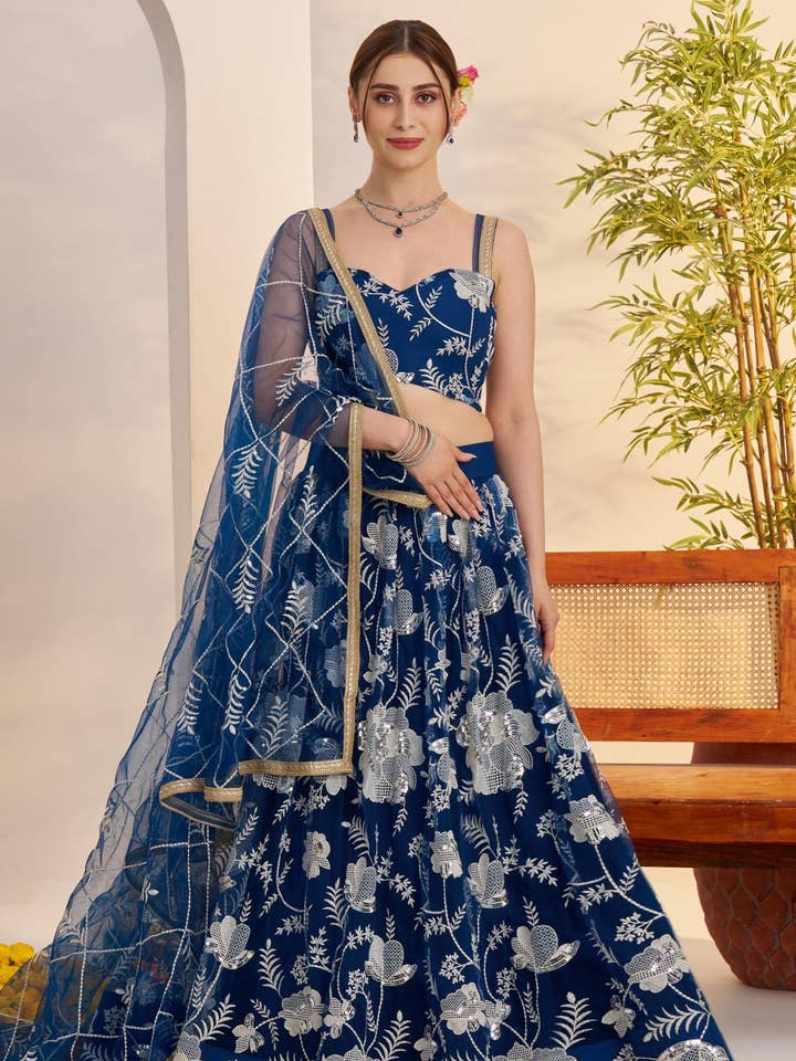 Blue Net Party Lehenga Choli For Indian & Pakistani Wedding Festival - Sequins & Thread Embroidery Work for wholesale by HATKE BRIDE