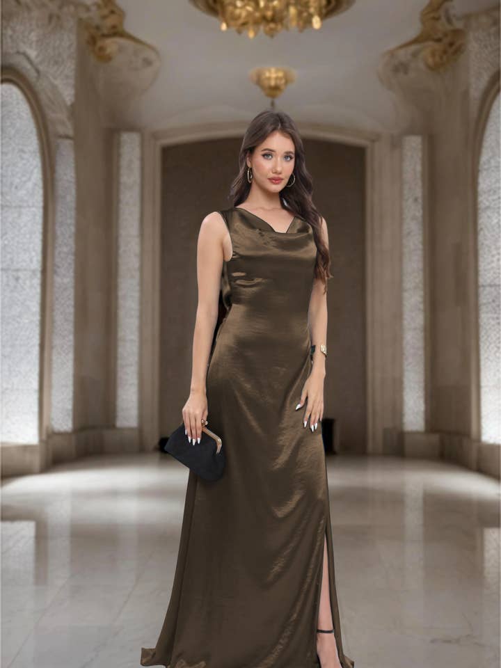Lucas & Emma - Sarl RJ & co - Wholesale Gown - Women's - Satin maxi dress for ceremony with draped neckline and open back4