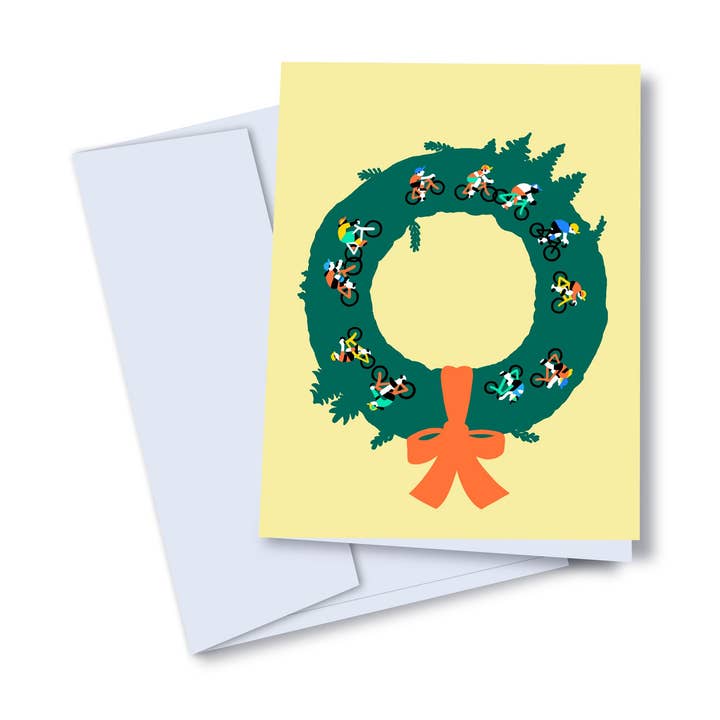 Weihnachtskranz mit Feiertags-Grußkarte für Radfahrer für den Großhandel von Studio Toute