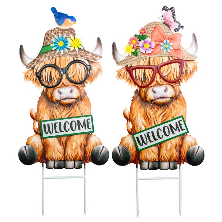 Piquet de bienvenue vache Highland de printemps (2 assortis) pour la vente par Hanna's Handiworks