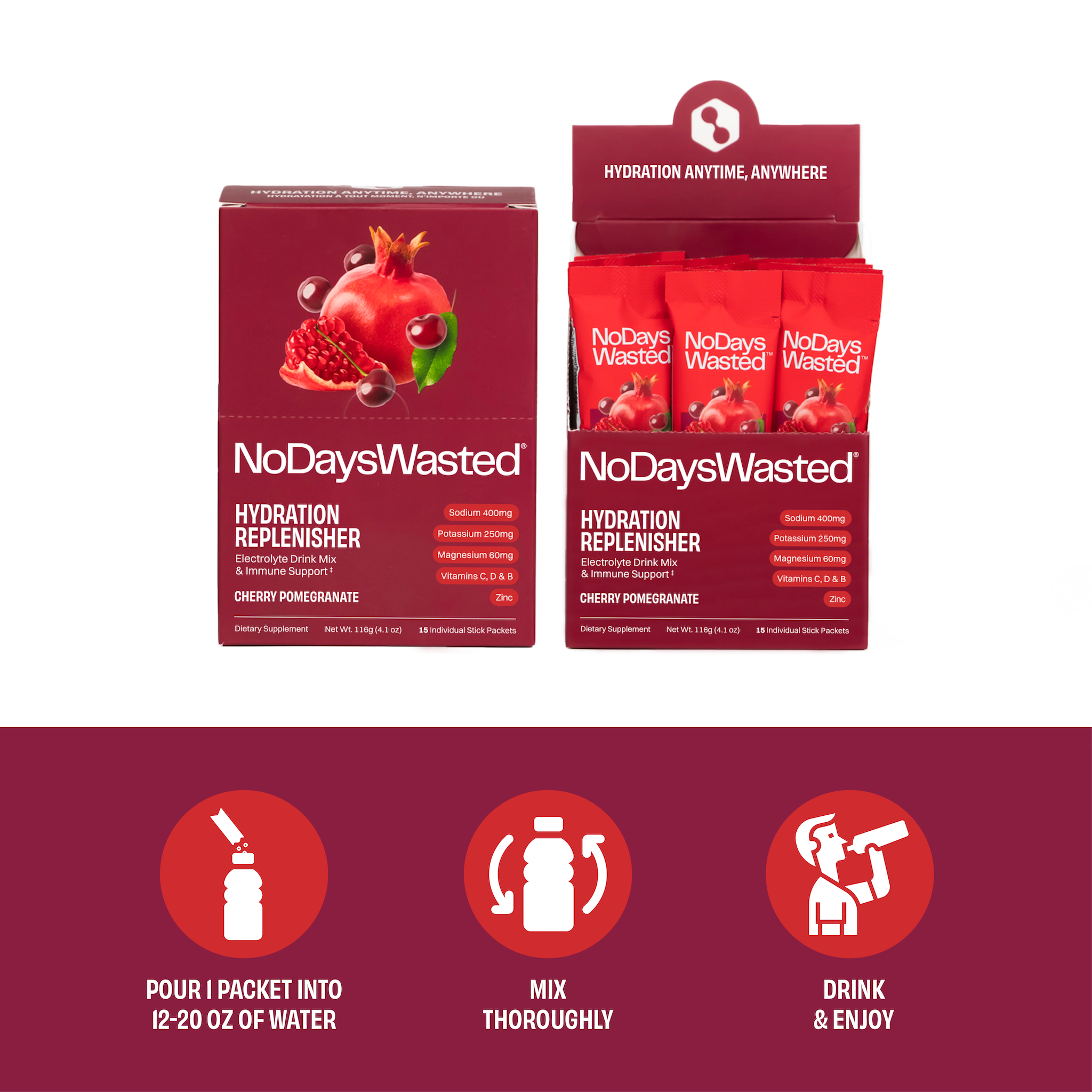 No Days Wasted - Vendita all'ingrosso Bevanda salutare in polvere - Replenisher idratazione - Cherry Melograno3