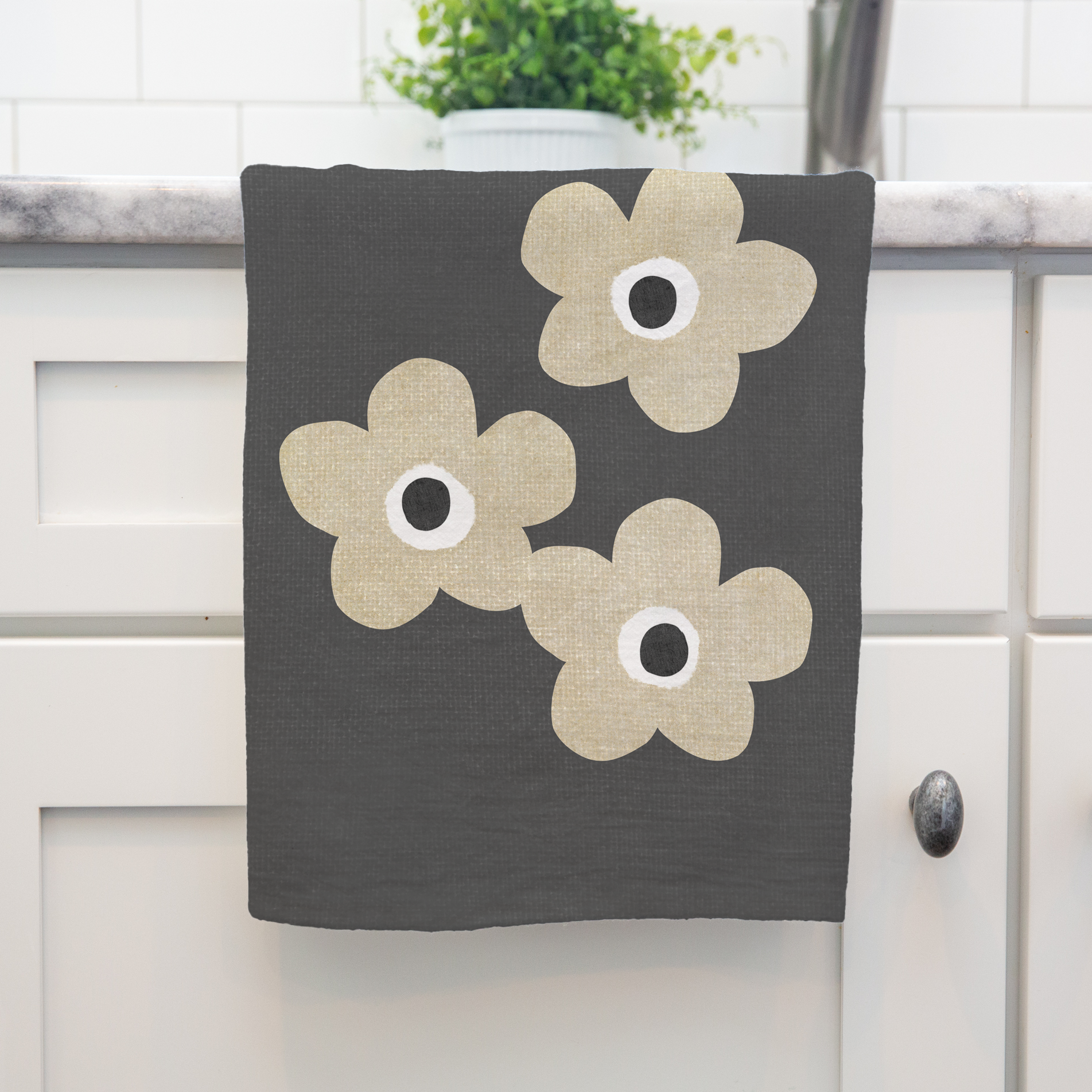 Susan Case Designs - Wholesale Tea Towel - Floral Tea Towel - Kitchen Decor - Beige Flowers Charcoal 1