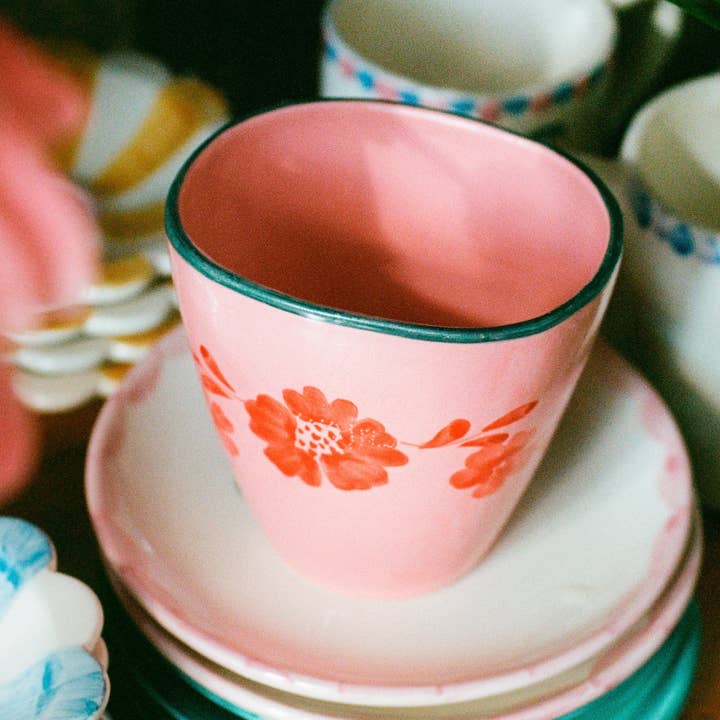 RicebyRice - Wholesale Drinking Glass/Cup - Ceramic Oval Cup with Hand Painted Orange Flower Vine - 10.1 oz1