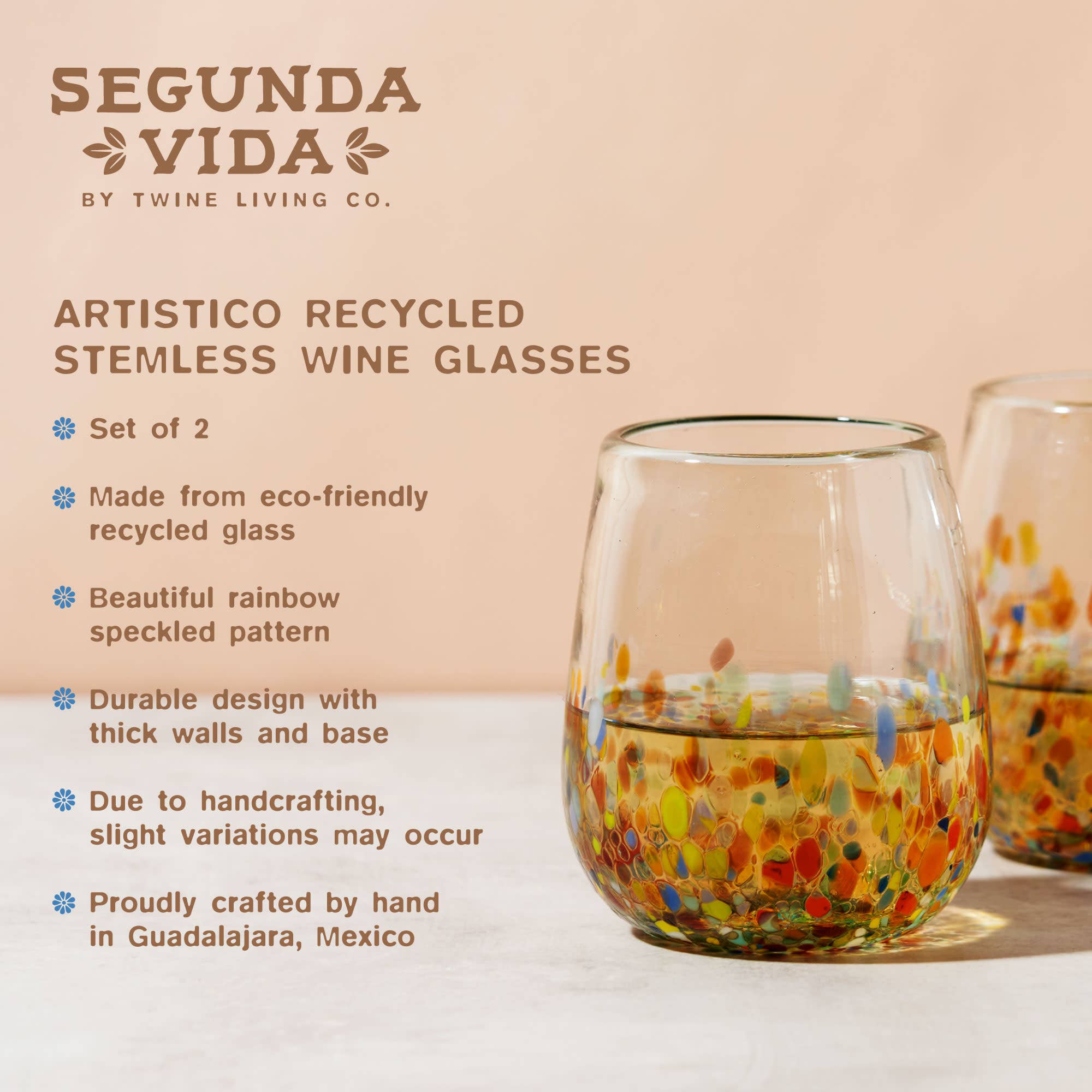 Twine - Wholesale Wine Glass - Artistico Recycled Glass Stemless Wine Glasses Set of 24
