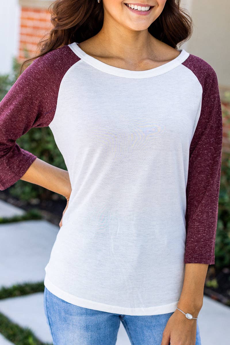 MRN White 3/4 Tee with Maroon Sleeves for wholesale on Faire2