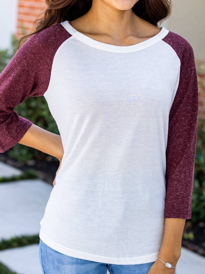 MRN White 3/4 Tee with Maroon Sleeves for wholesale on Faire2