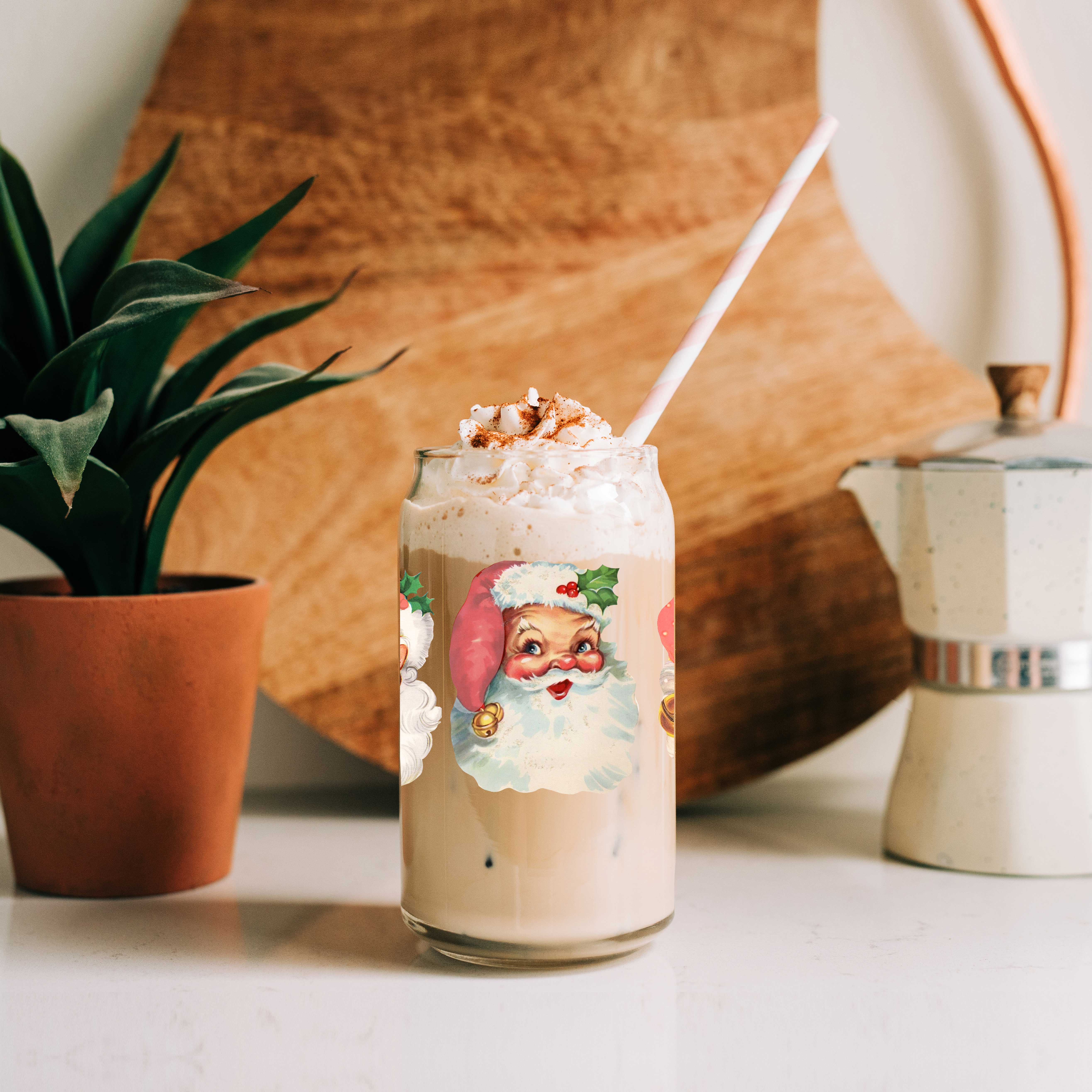 Gia Roma - Wholesale Drinking Glass/Cup - Vintage Santa Christmas Glass Tumbler with Straws & Wood Lid3