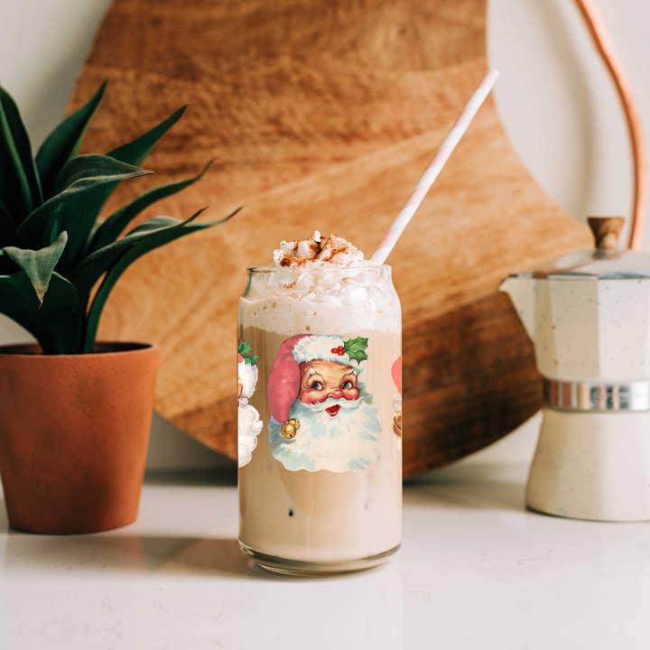 Gia Roma - Wholesale Drinking Glass/Cup - Vintage Santa Christmas Glass Tumbler with Straws & Wood Lid3