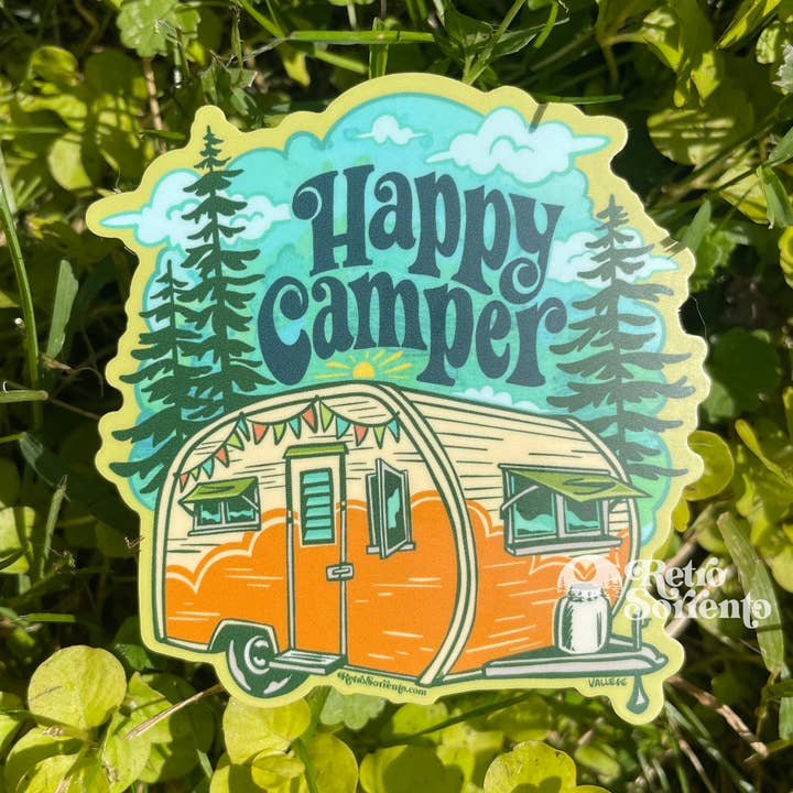 Happy Camper Illustrated Sticker by Retro Sorrento for wholesale by Retro Sorrento