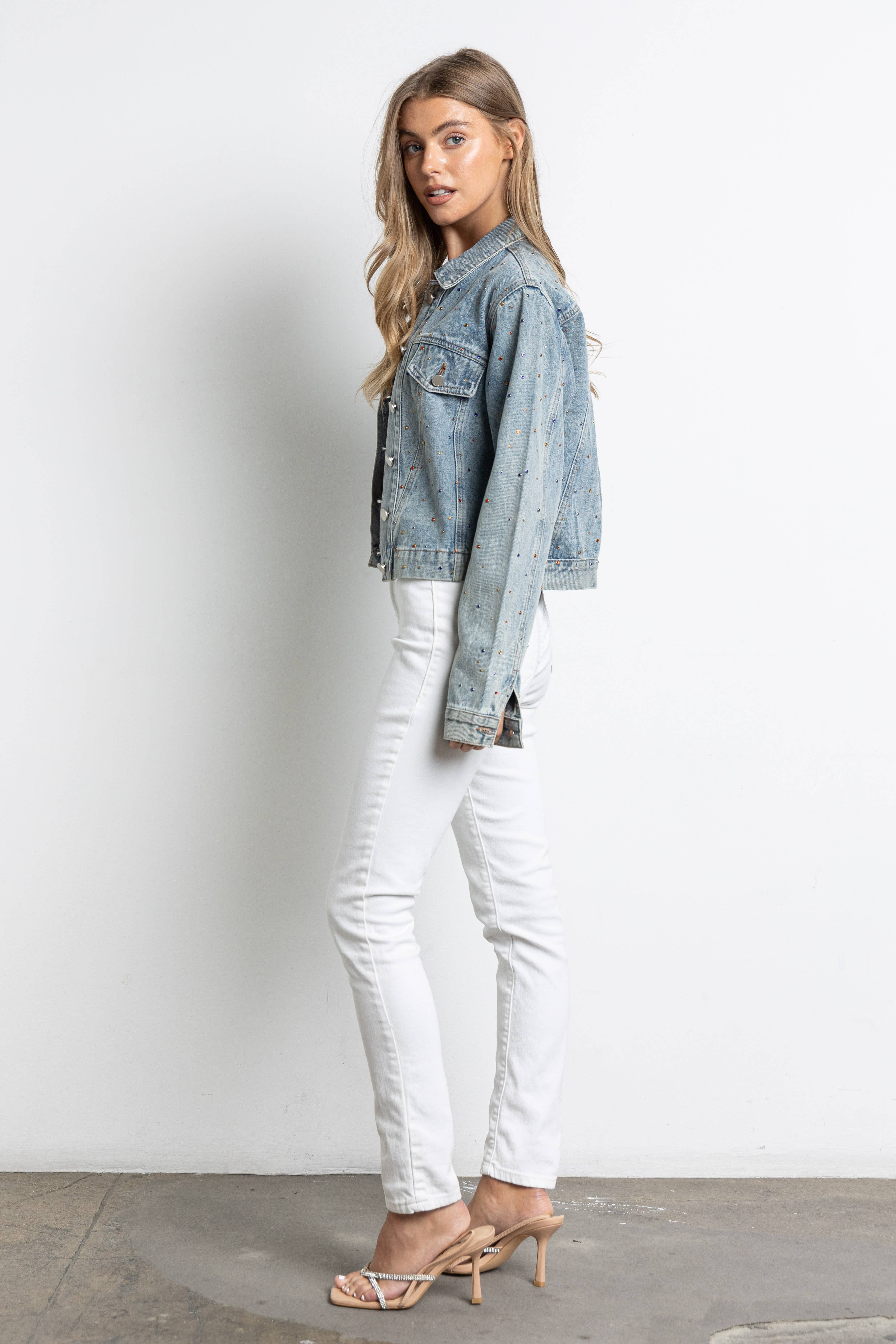 KIWI - Vendita all'ingrosso Giacca di jeans - Donna - Giacca in denim con strass multicolore IJ21283