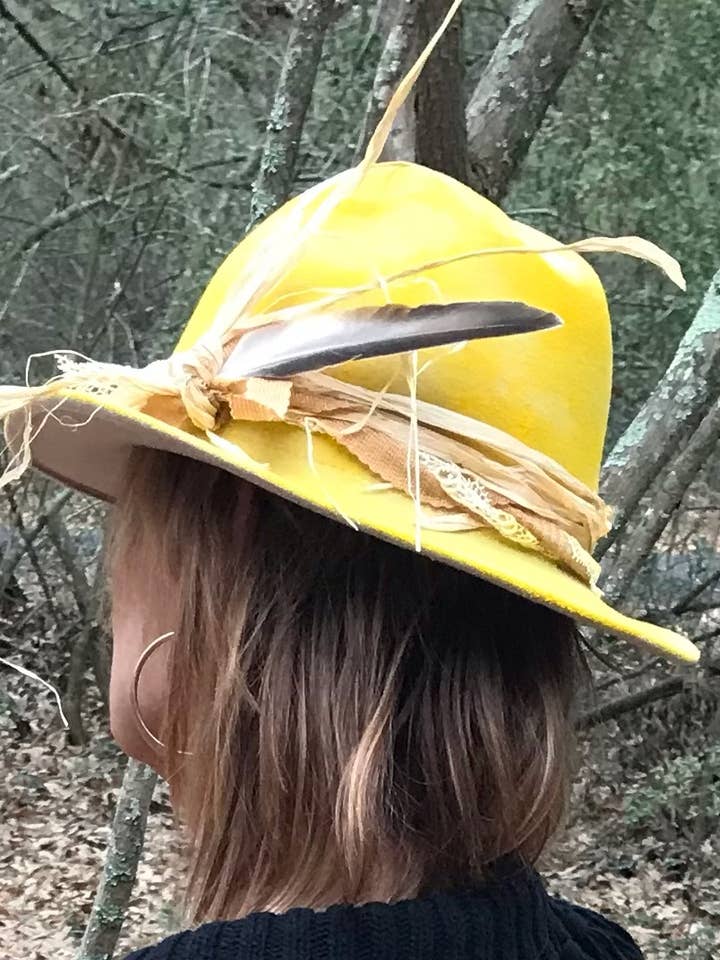 Very Hip Boho Distressed Yellow Cowboy Hat w/ Lace & Raffia for wholesale by Wild Horse Clothier