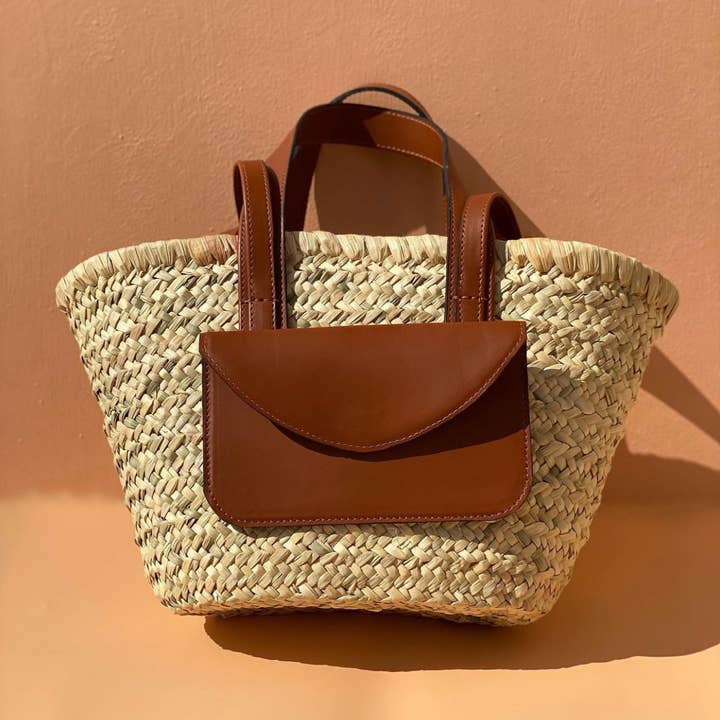 Handwoven Palm Basket with Leather Pocket for wholesale by MIRAMAR Store