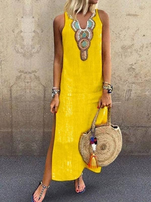 Sheer Trend - Wholesale Dress - Women's - Loose Sleeveless Embroidered Split-Side V-Neck Maxi Dresses1