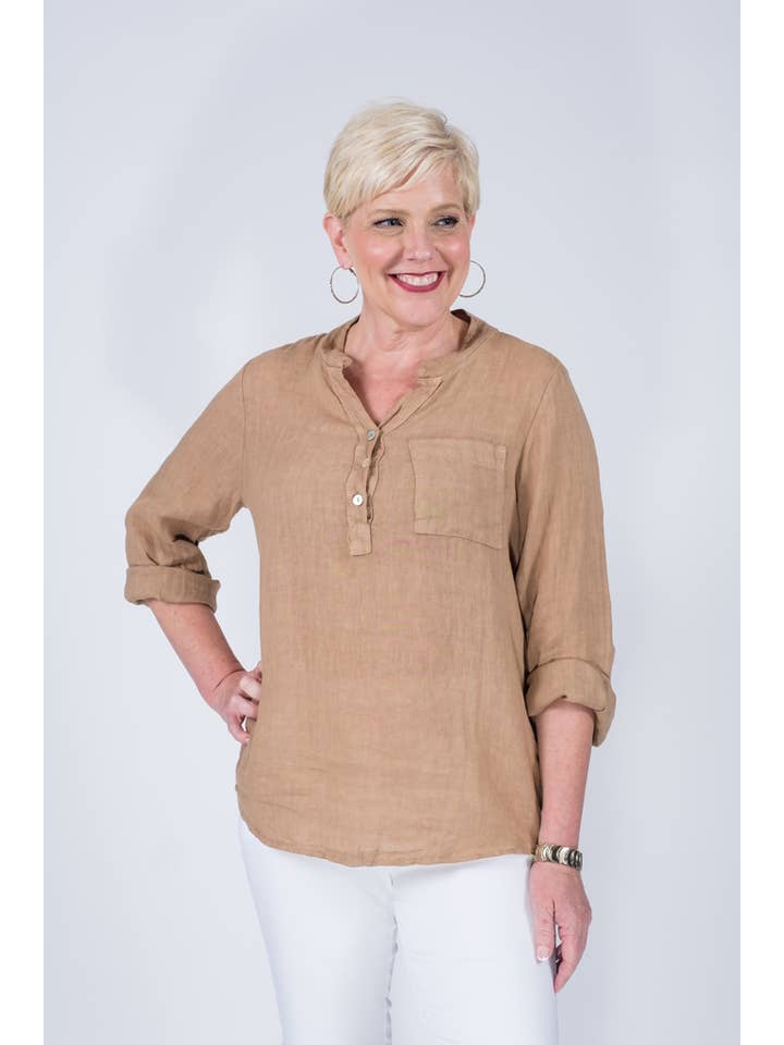 TINA Stephens Italy/Tees By Tina – Túnica - Mulher por atacado – Destino Linho Henley Top (BQ158)3