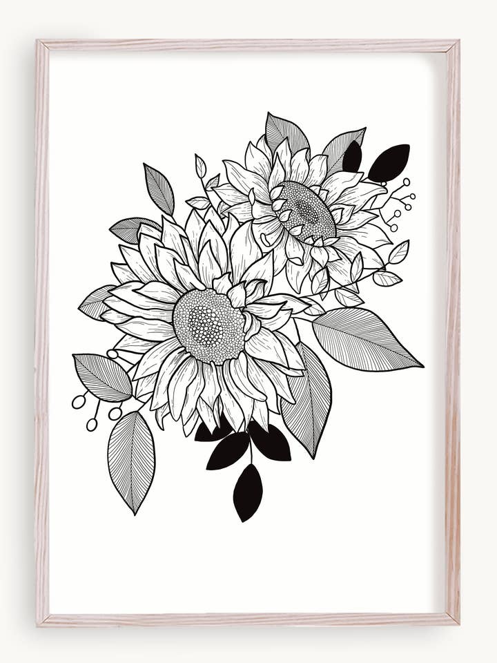 Kunstdruck „Sonnenblumenstrauß“ | Fine Line Floral Art für den Großhandel von Sarah May Arts