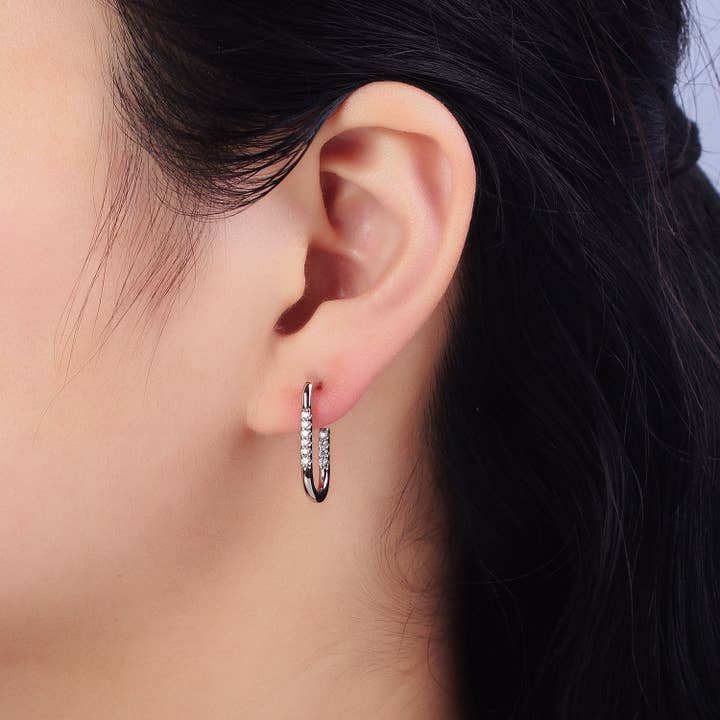 Gold, Silver Clear Micro Paved CZ Front J-Shaped Geometric Hoop Earrings | Y053 AB430 for wholesale by Aim Eternal
