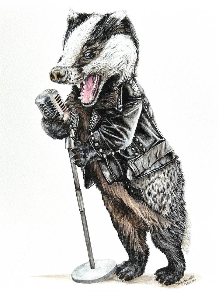 Impression d'archives signée de chant musical fantaisiste d'animal blaireau pour la vente par Holly Simental