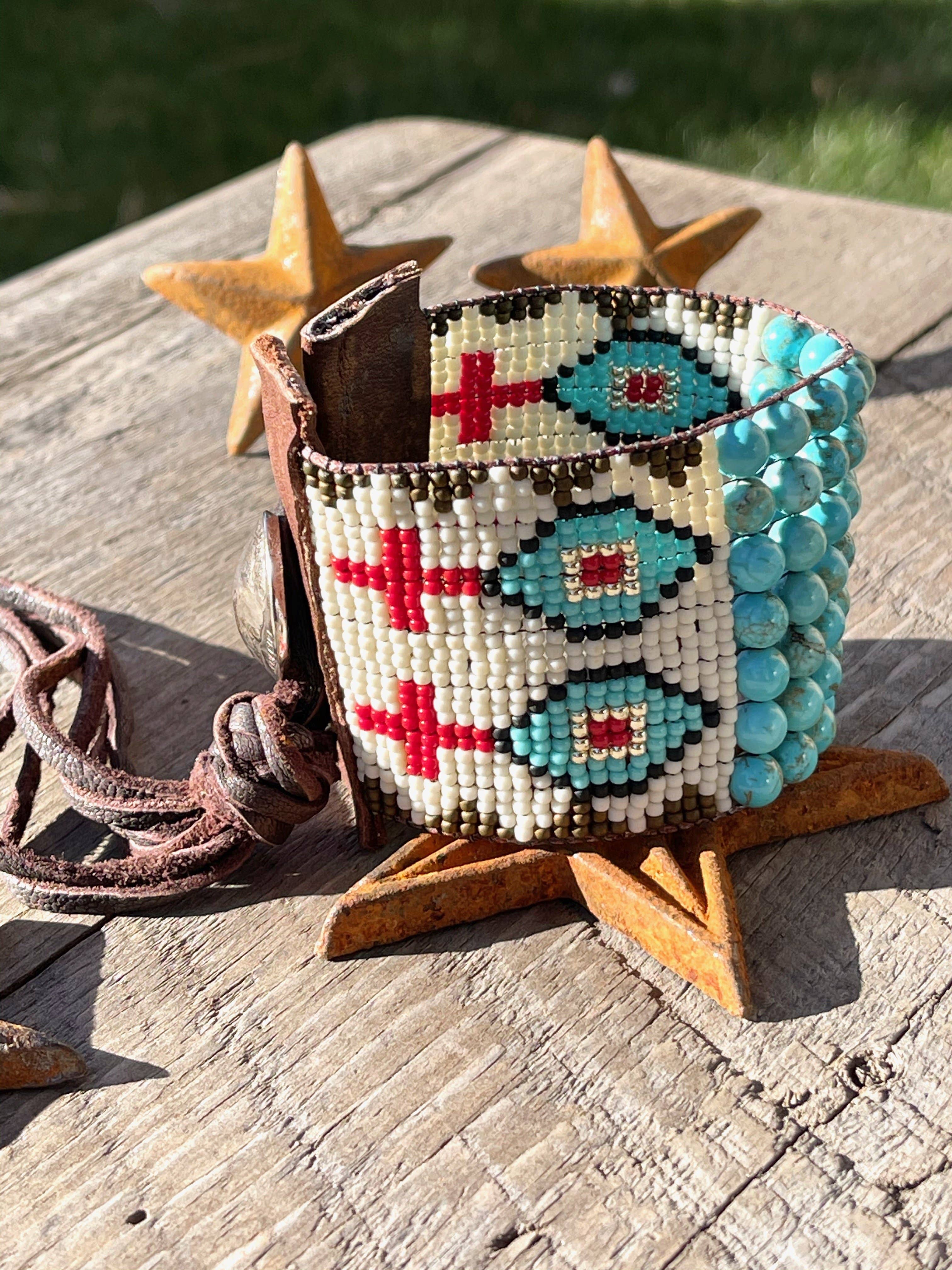 Fleurdesignz Western Jewelry - Wholesale Cuff Bracelet - Turquoise And Leather Loom Cuff Bracelet, Prairie Drifter3