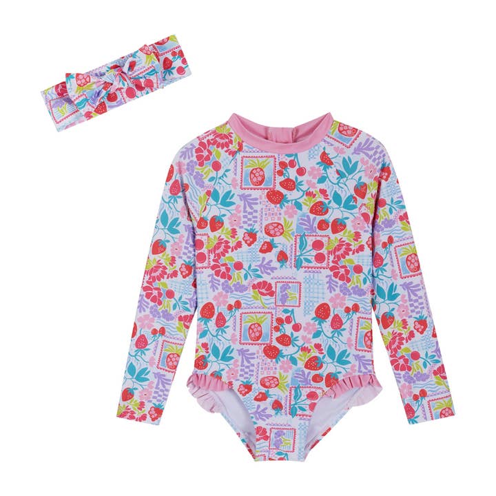 Girls Long Sleeve Rashguard w/ Scrunchie | Fruit Print for wholesale by Andy & Evan