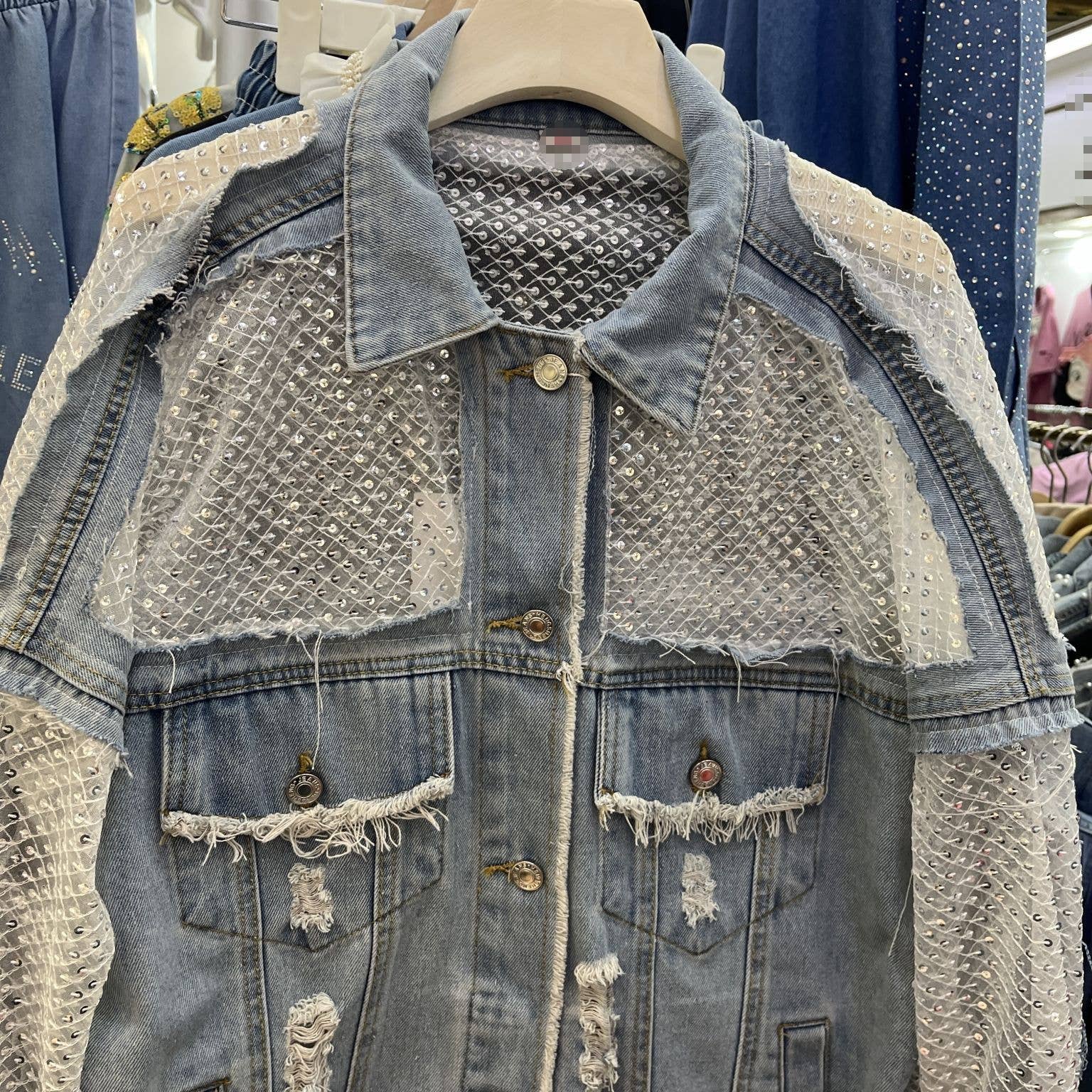 PEACH ACCESSORIES - Wholesale Spijkerjack/spijkerjas - Dames - Glamoureus Pailletten Kant Spijkerjack DNM046