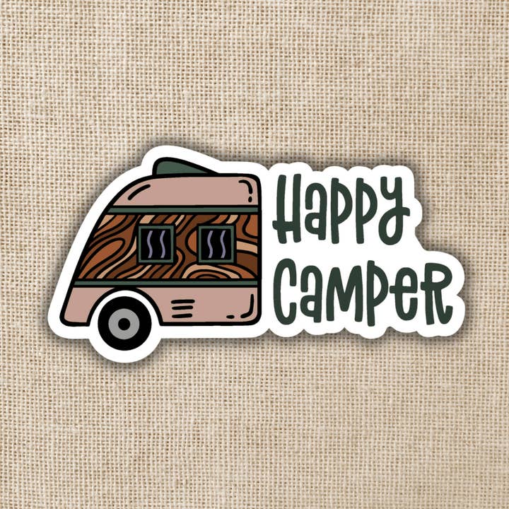 Happy Camper Sticker, 3-inch for wholesale by Kingdom of Threads