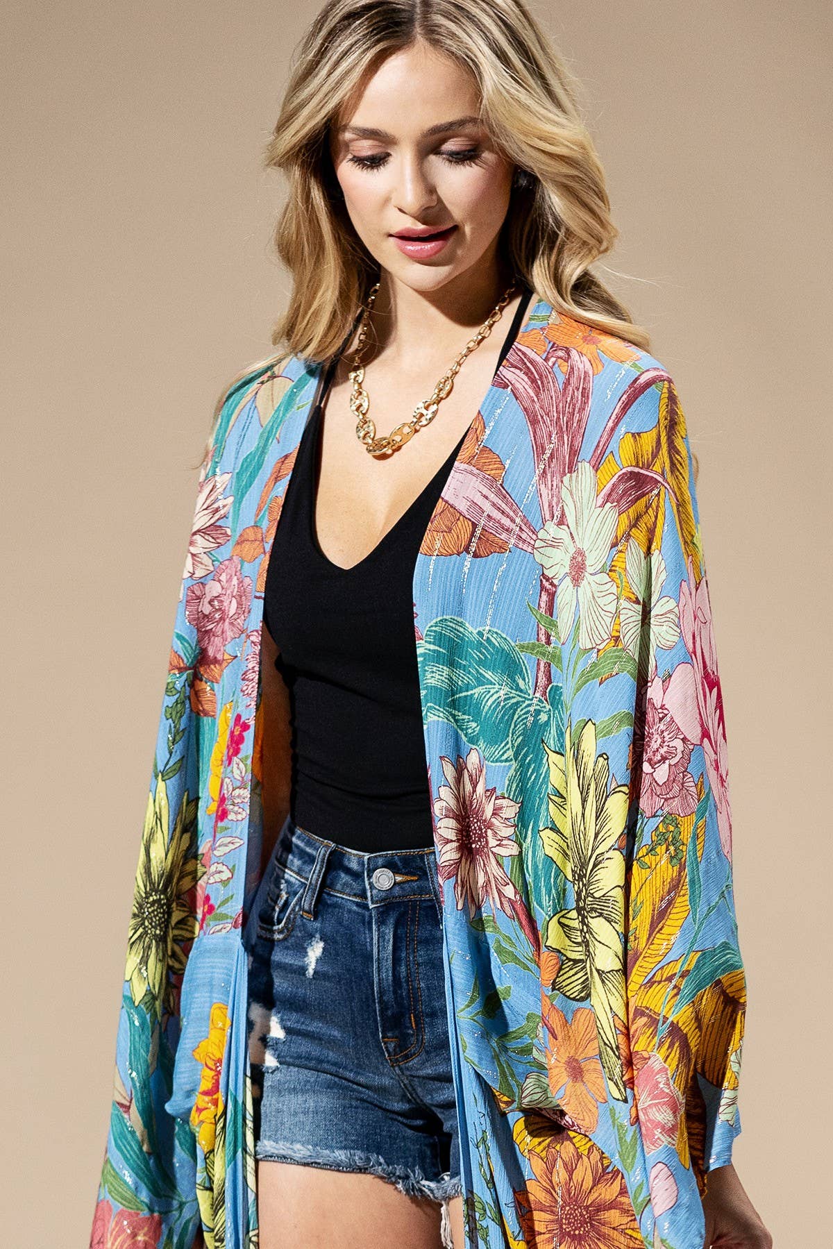 Madelin Madelin gekleurde kimono met bloemenprint en lurex voor groothandel op Faire14