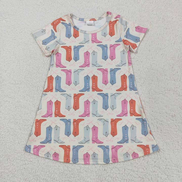 Baby Girls Short Sleeves Colorful Boots Knee Length Dresses for wholesale by Aier Wholesale