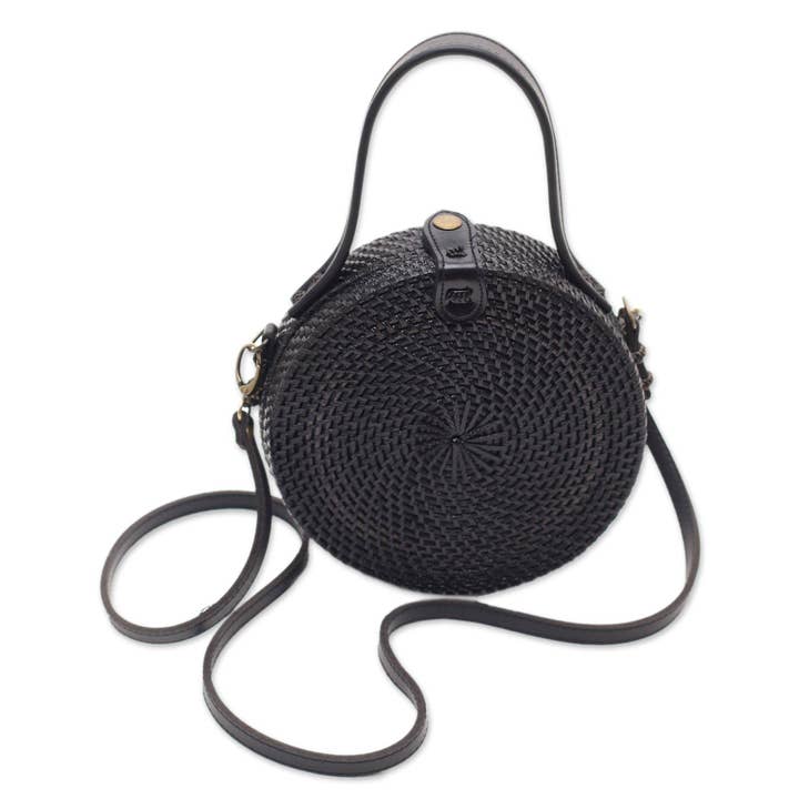 NOVICA Pitch Black Round Woven Bamboo Shoulder Bag for wholesale by NOVICA