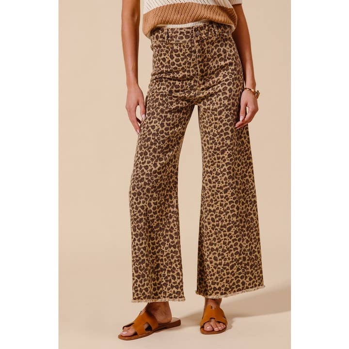 MID RISE LEOPARD DENIM FRAYED HEM WIDE LEG PANT for wholesale on Faire