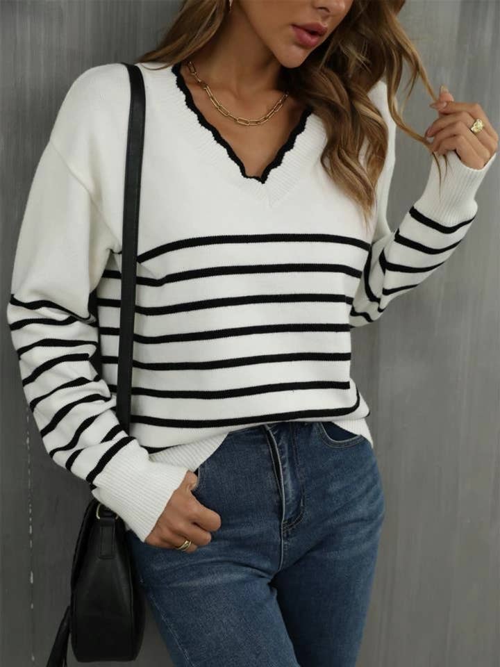 Sweetkama Ladies Color Block Long Sleeves V-Neck Knit Top for wholesale by Sweetkama