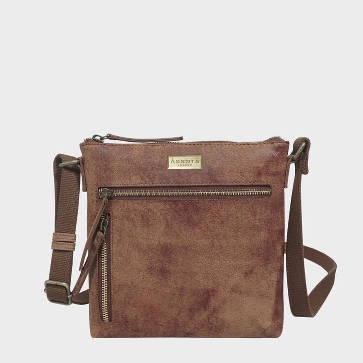 'RUE' Distressed Tan Real Leather Crossbody Bag for wholesale by Assots London