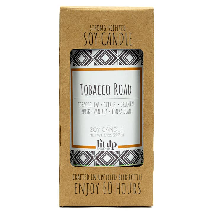 Lit Up Candle Co. – wholesale Jar/filled candle – Tobacco Road 8 oz. soy candles in upcycled beer bottles