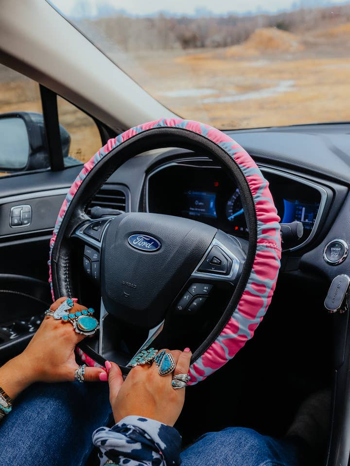 Pink Cowhide Steering Wheel Cover for wholesale by The Front Porch Label