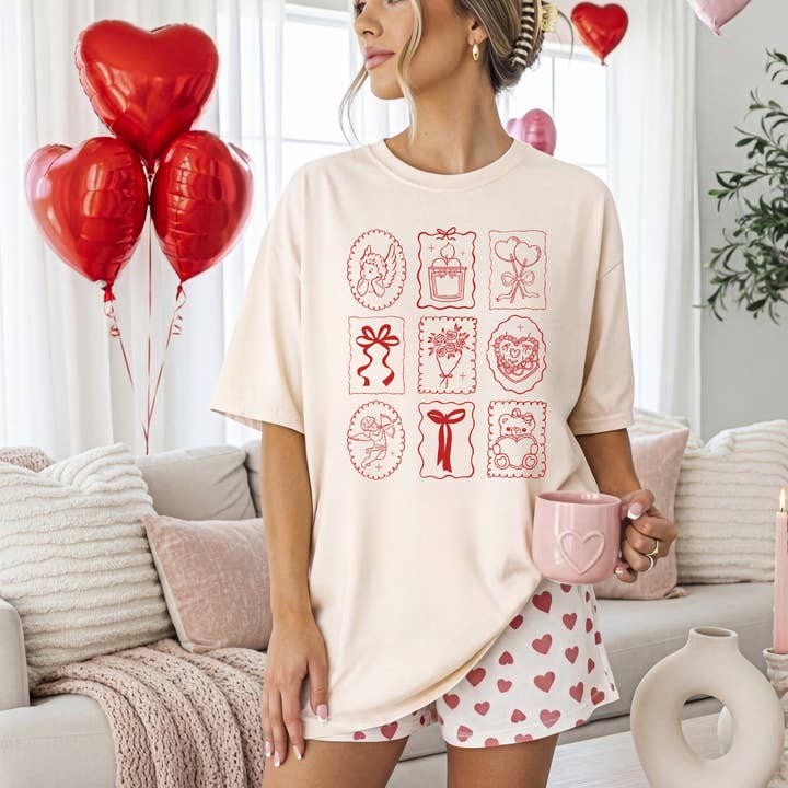 Valentine Stamp Icons Graphic Tee for wholesale by Hey Jude Graphic Tees