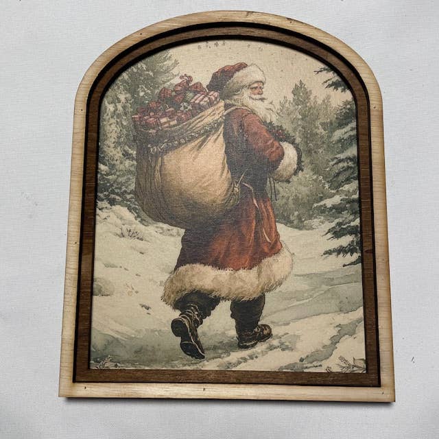 LAND OF COTTON - Wholesale Christmas Wall Art - Santa on Snowy Path in Arched Frame 1