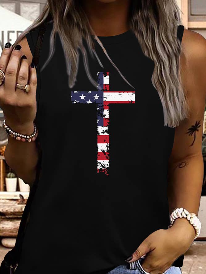 UNISHE - Wholesale Tank Top - Women's - USA Flag Cross Christian Print Graphic Tank Top STC125D50