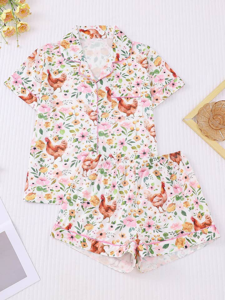 Conjunto de pijama con estampado de gallina floral campestre para venta al por mayor de Tickled Teal