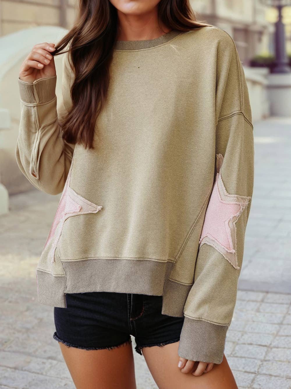 1 the Woman - Wholesale Sweatshirt - Women's - Raw Seam Double Star Patched Hem Drop Shoulder Sweatshirt2