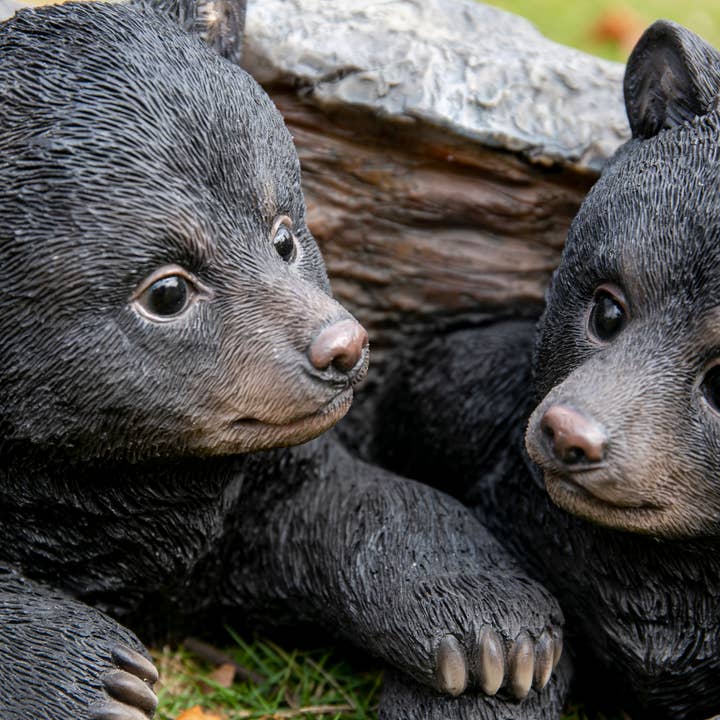 Hi-Line Gift Ltd. - Wholesale Outdoor Ornament/Decor - Black Bear Cubs Hiding Under Log Statue