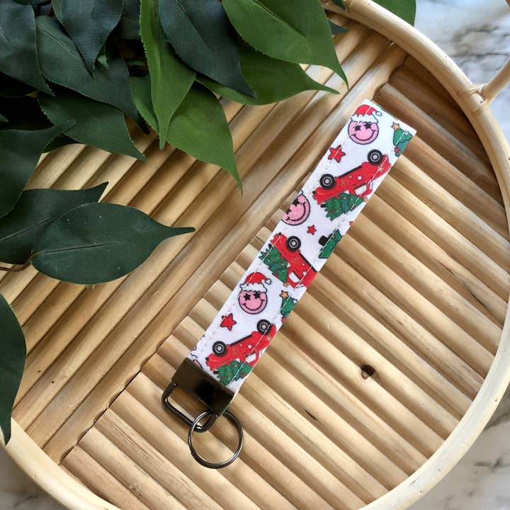 Christmas Truck Smiley Print Fabric Keychain, Key Fob for wholesale by MDStickerShop